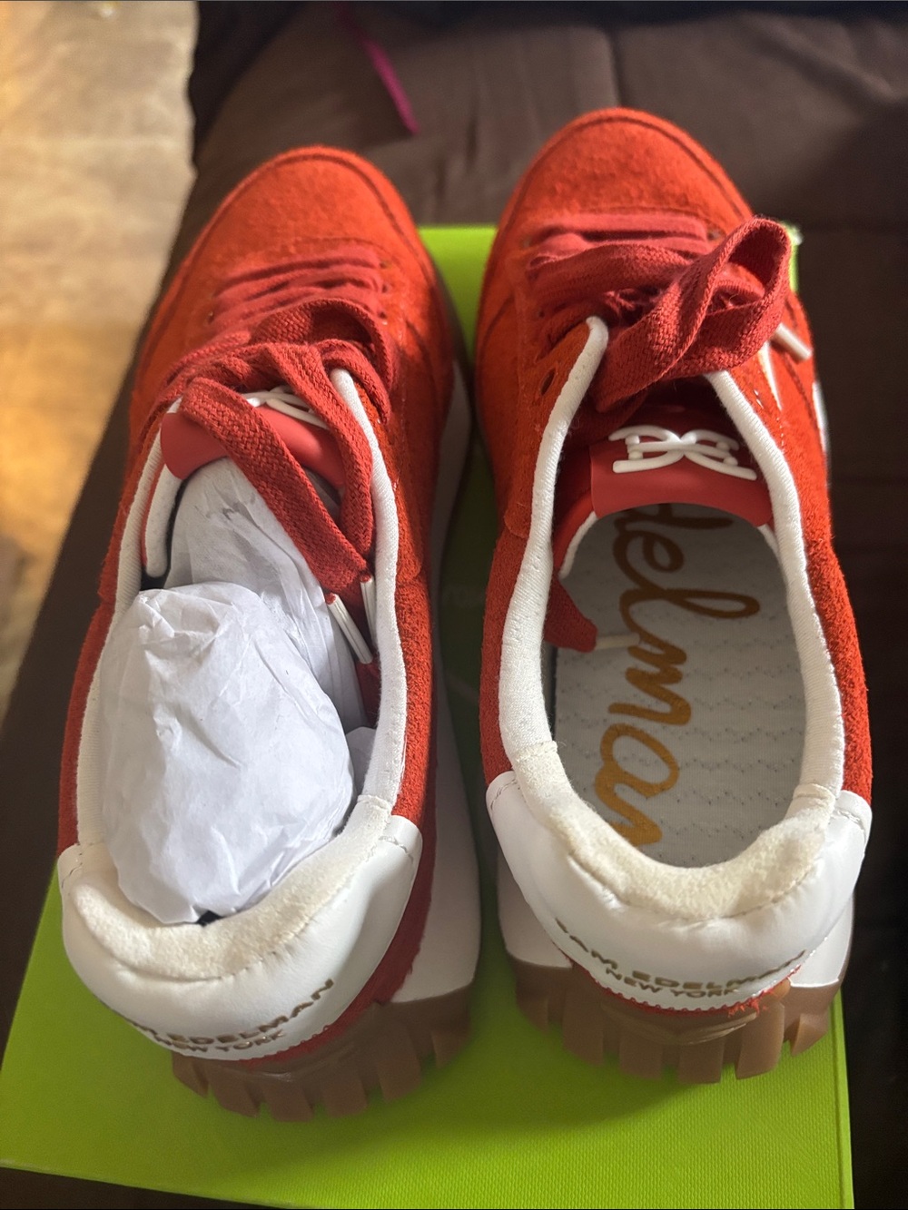 Red Suede Low-Top Sneakers with White Trim - Picture 4 of 6